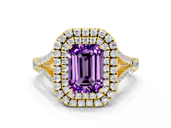 Yellow gold Emerald Cut Amethyst Pavé Split Shank Double Halo Engagement Ring