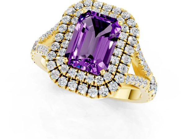 Yellow gold Emerald Cut Amethyst Pavé Split Shank Double Halo Engagement Ring