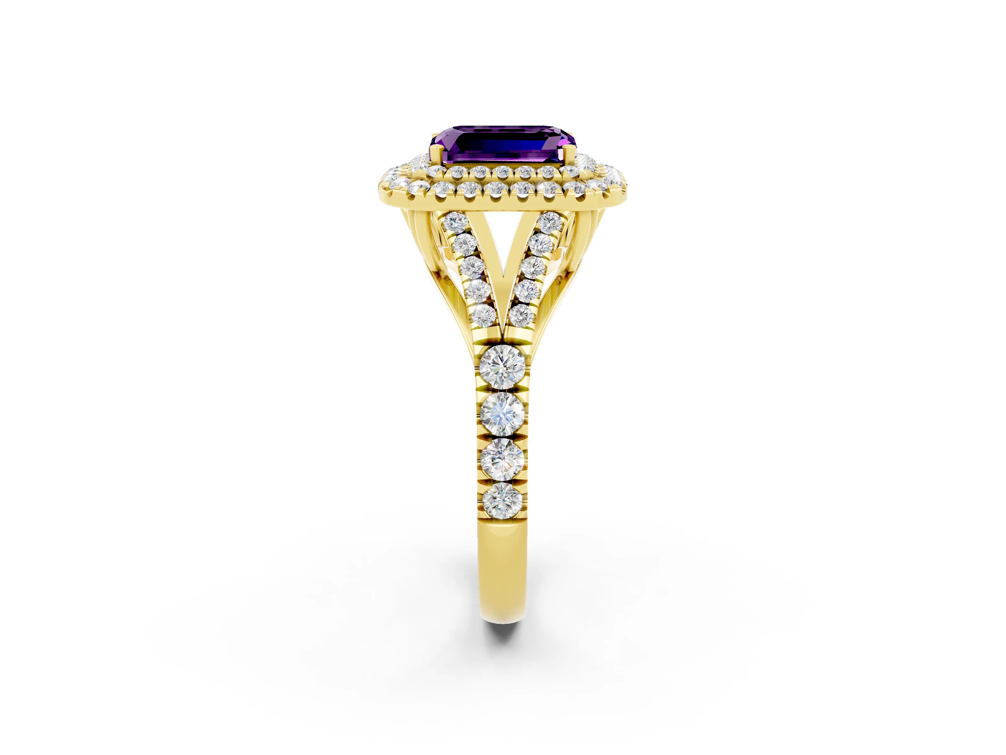 Yellow gold Emerald Cut Amethyst Pavé Split Shank Double Halo Engagement Ring_2