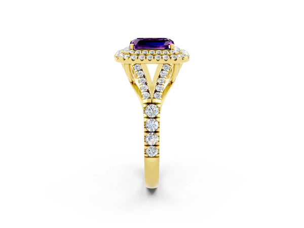 Yellow gold Emerald Cut Amethyst Pavé Split Shank Double Halo Engagement Ring