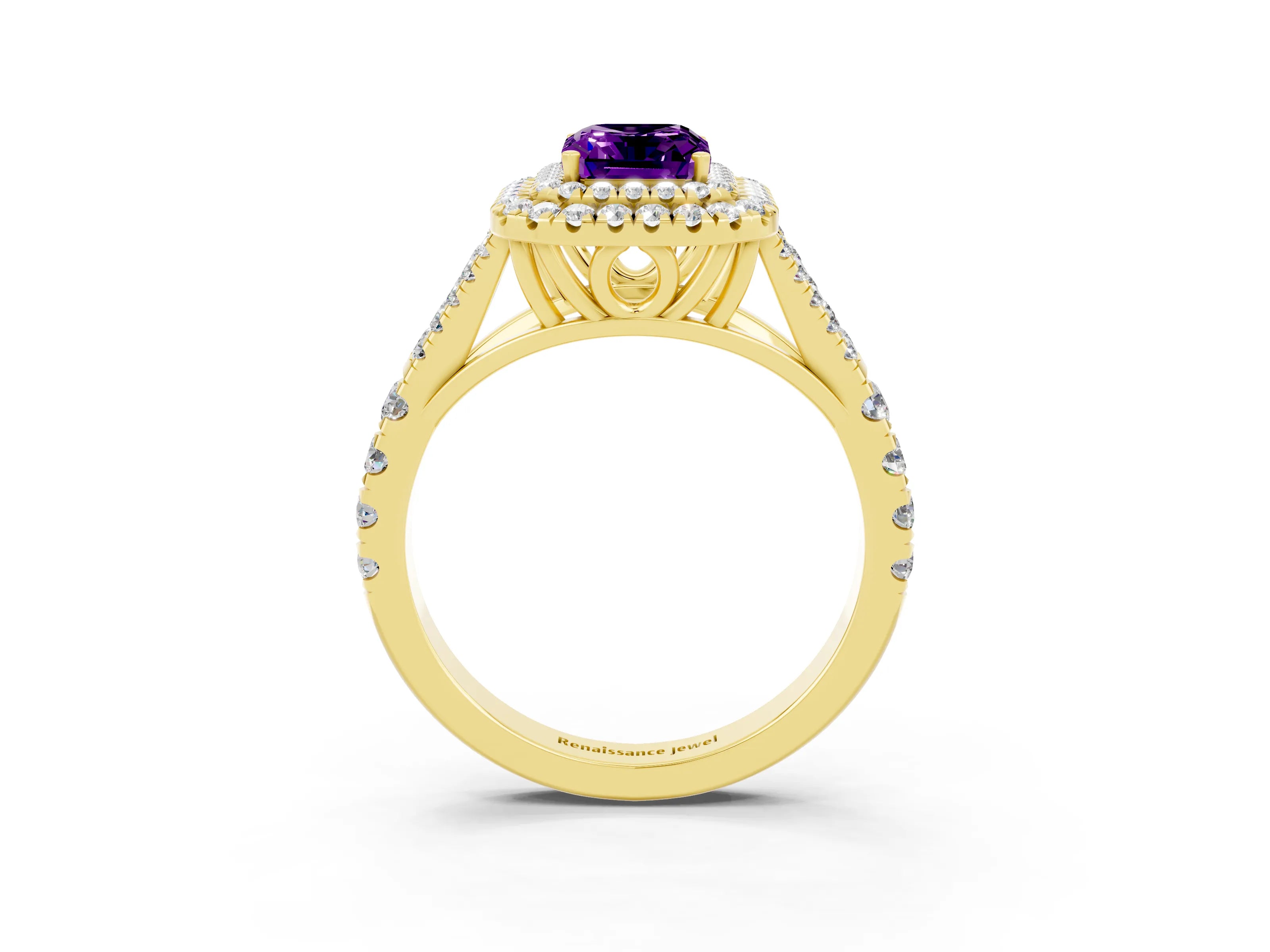 Yellow gold Emerald Cut Amethyst Pavé Split Shank Double Halo Engagement Ring_3