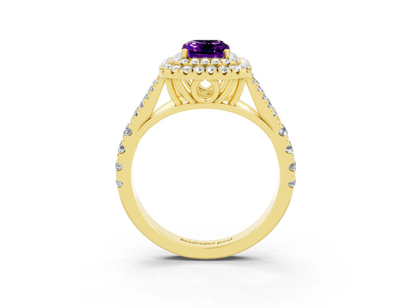 Yellow gold Emerald Cut Amethyst Pavé Split Shank Double Halo Engagement Ring