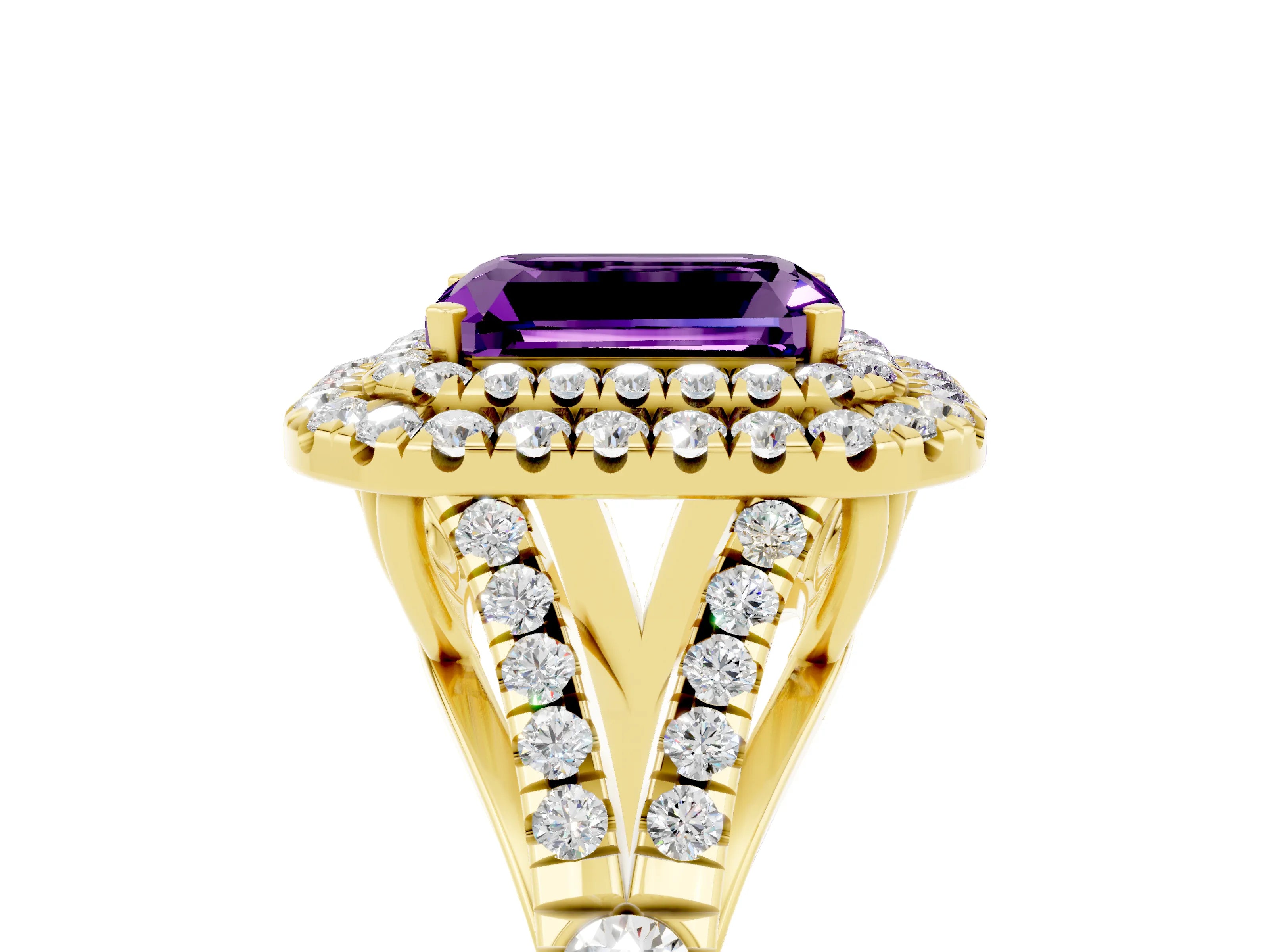 Yellow gold Emerald Cut Amethyst Pavé Split Shank Double Halo Engagement Ring_5