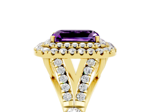 Yellow gold Emerald Cut Amethyst Pavé Split Shank Double Halo Engagement Ring_5