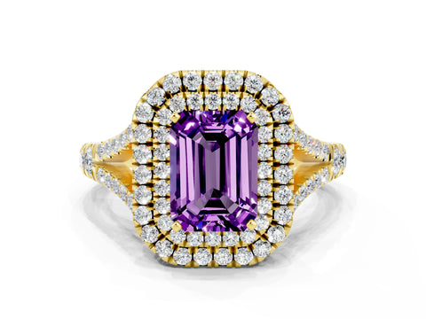 Yellow gold Emerald Cut Amethyst Pavé Split Shank Double Halo Engagement Ring