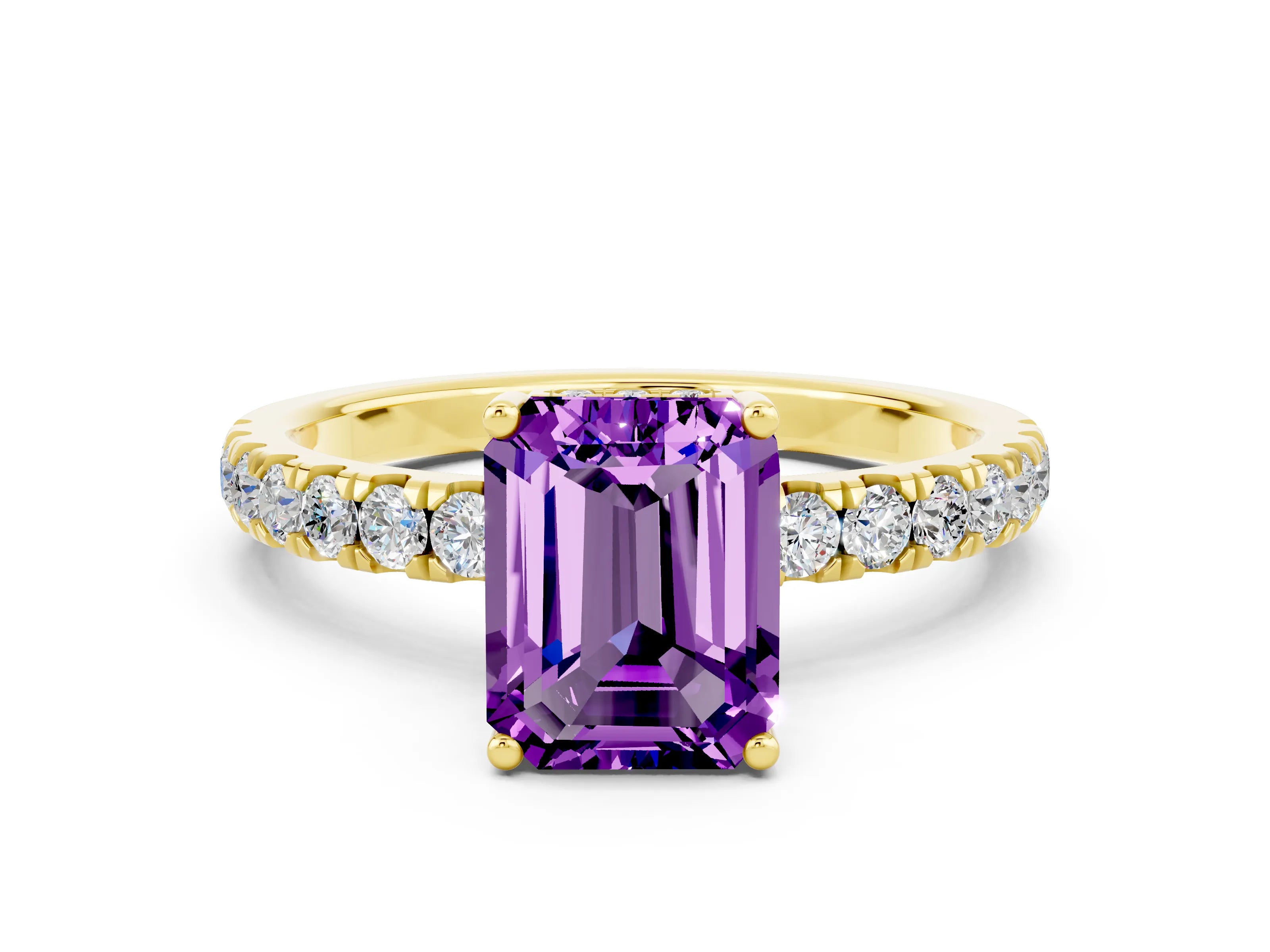 Yellow gold Emerald Cut Amethyst Pave Band Solitaire Ring with Four-Prong Setting_24