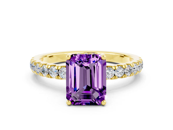 Yellow gold Emerald Cut Amethyst Pave Band Solitaire Ring with Round  and Prong Setting