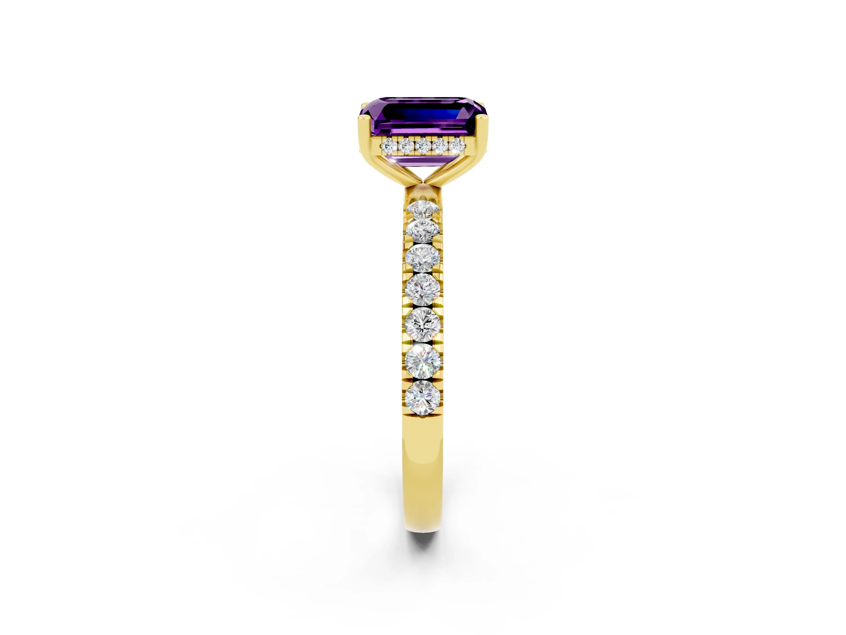 Yellow gold Emerald Cut Amethyst Pave Band Solitaire Ring with Four-Prong Setting_26
