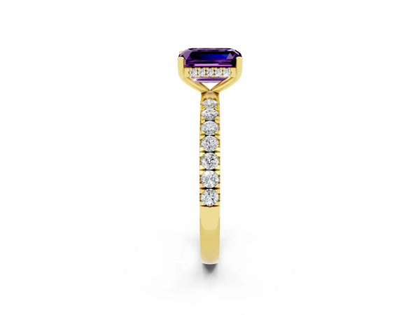 Yellow gold Emerald Cut Amethyst Pave Band Solitaire Ring with Round  and Prong Setting