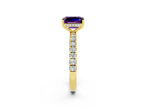 Yellow gold Emerald Cut Amethyst Pave Band Solitaire Ring with Four-Prong Setting_26