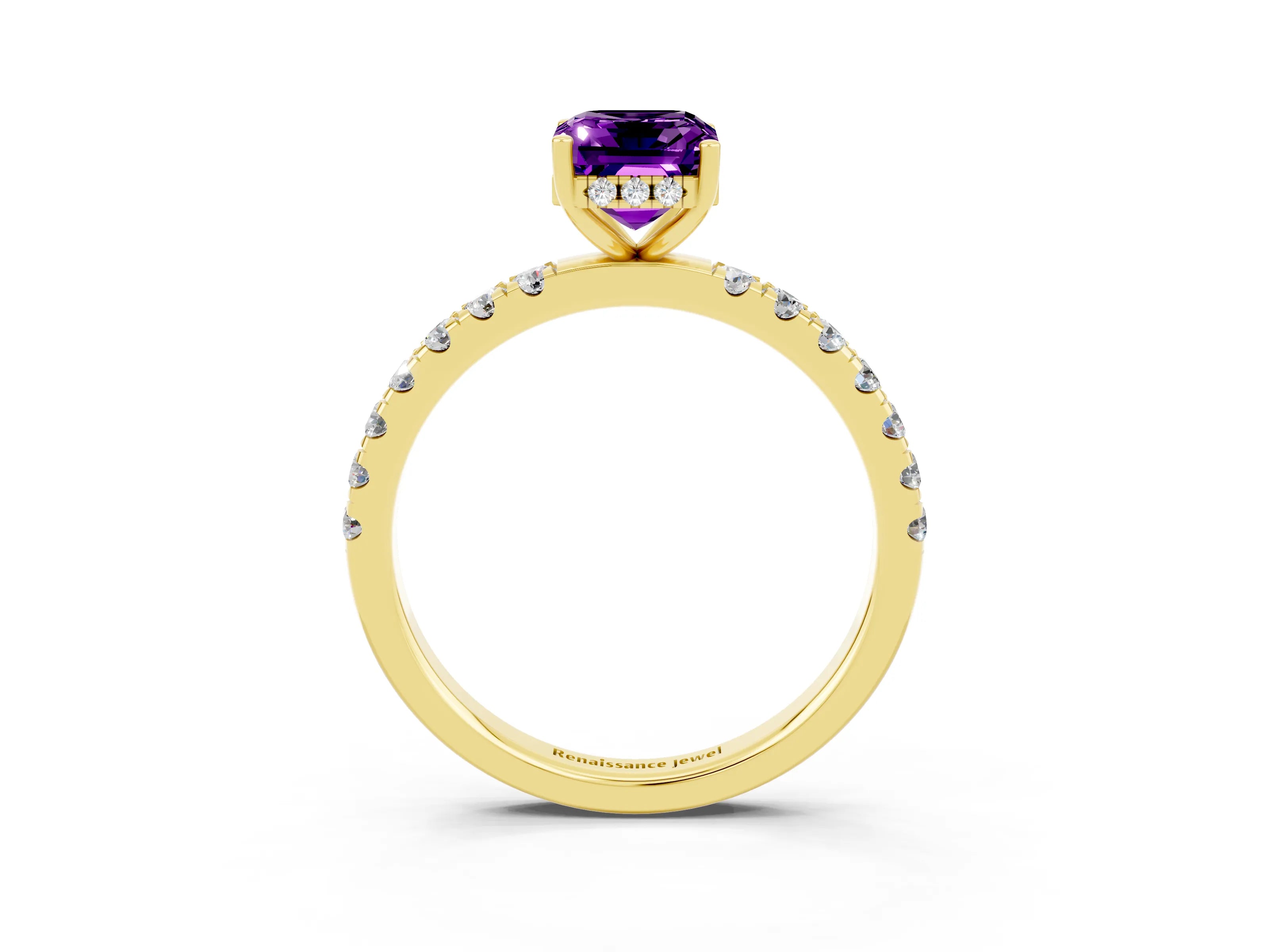 Yellow gold Emerald Cut Amethyst Pave Band Solitaire Ring with Four-Prong Setting_27