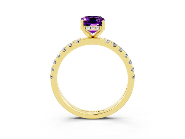 Yellow gold Emerald Cut Amethyst Pave Band Solitaire Ring with Round  and Prong Setting