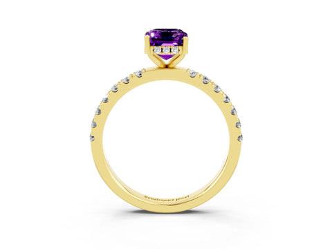 Yellow gold Emerald Cut Amethyst Pave Band Solitaire Ring with Four-Prong Setting_27