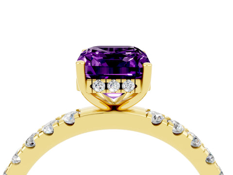Yellow gold Emerald Cut Amethyst Pave Band Solitaire Ring with Four-Prong Setting_28