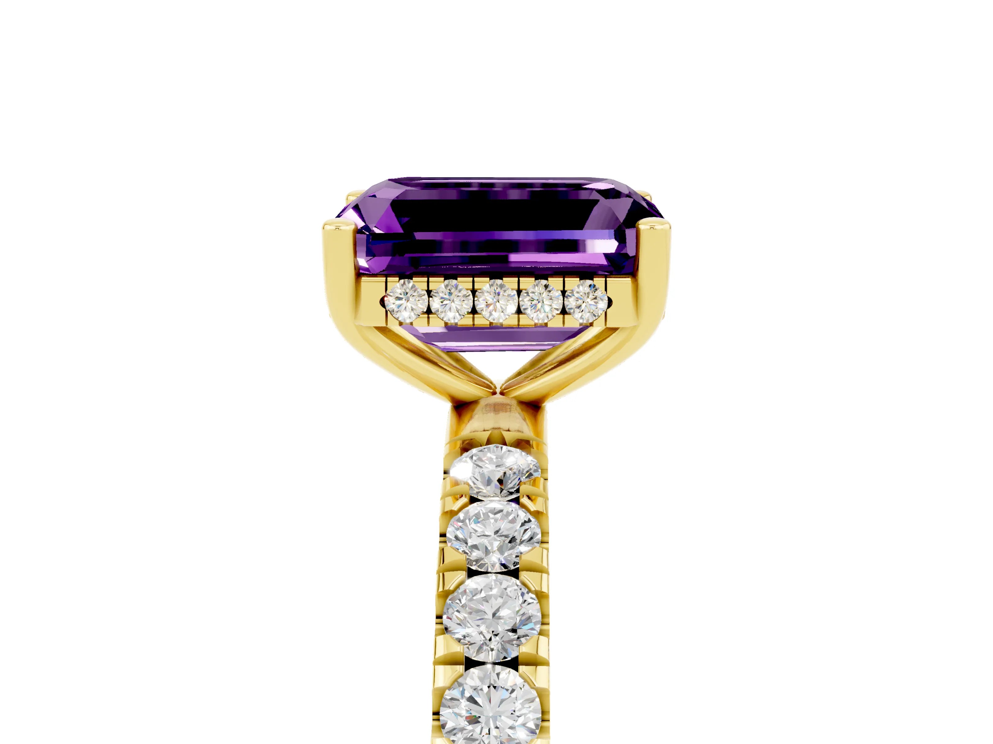Yellow gold Emerald Cut Amethyst Pave Band Solitaire Ring with Four-Prong Setting_29