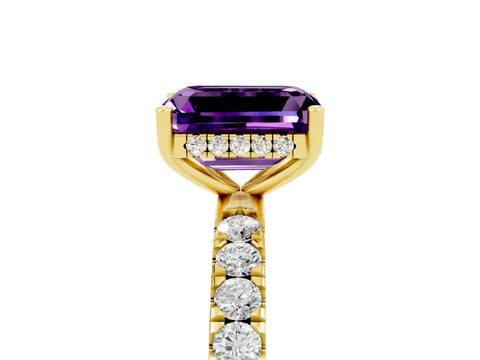 Yellow gold Emerald Cut Amethyst Pave Band Solitaire Ring with Four-Prong Setting_29