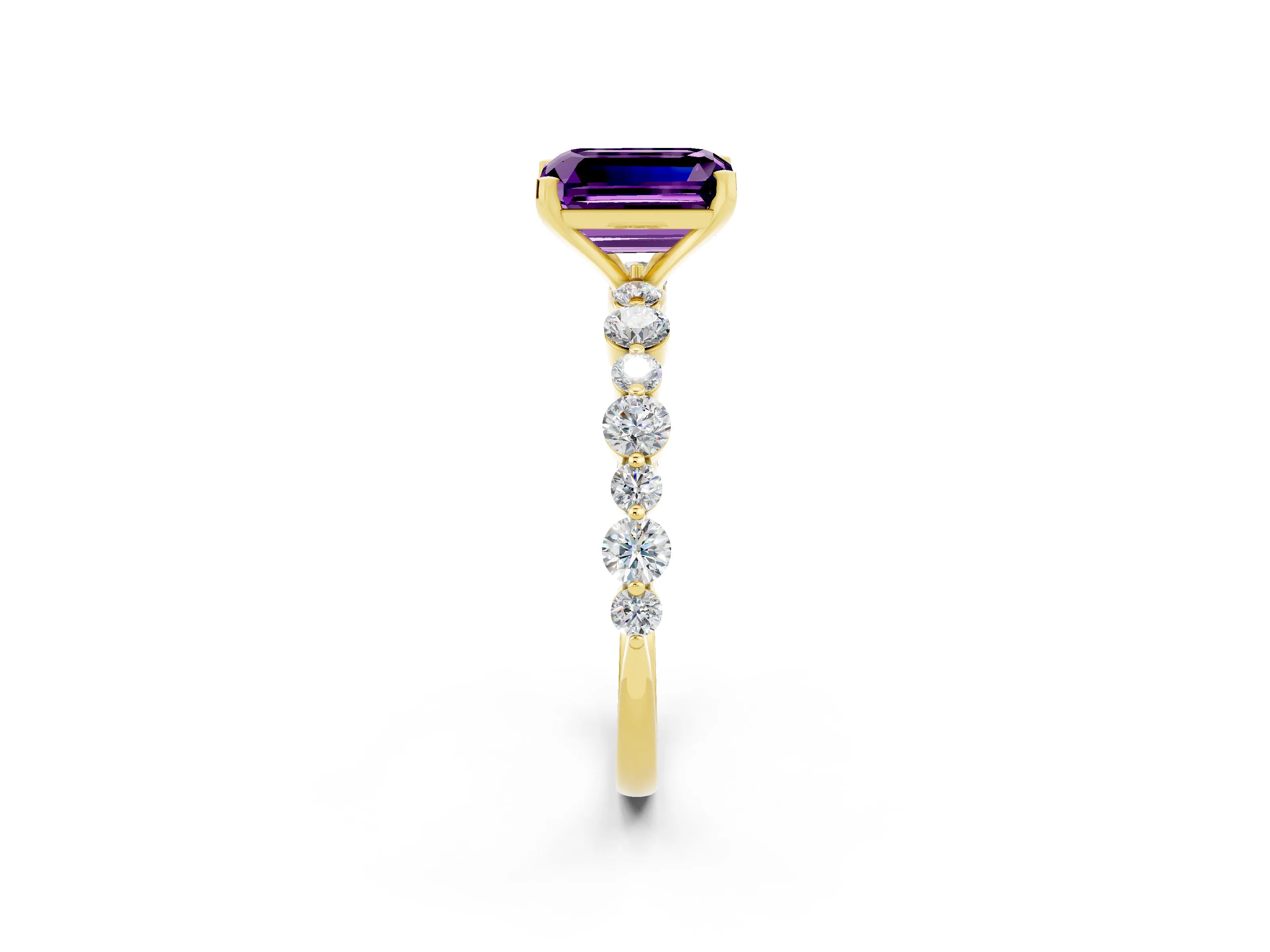 Yellow gold Emerald Cut Amethyst Prong Set Engagement Ring with Pavé Band_2