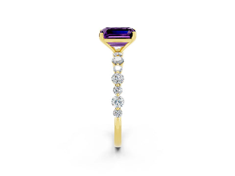Yellow gold Emerald Cut Amethyst Prong Set Engagement Ring with Pavé Band_2