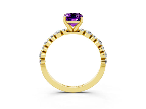 Yellow gold Emerald Cut Amethyst Prong Set Engagement Ring with Pavé Band_3