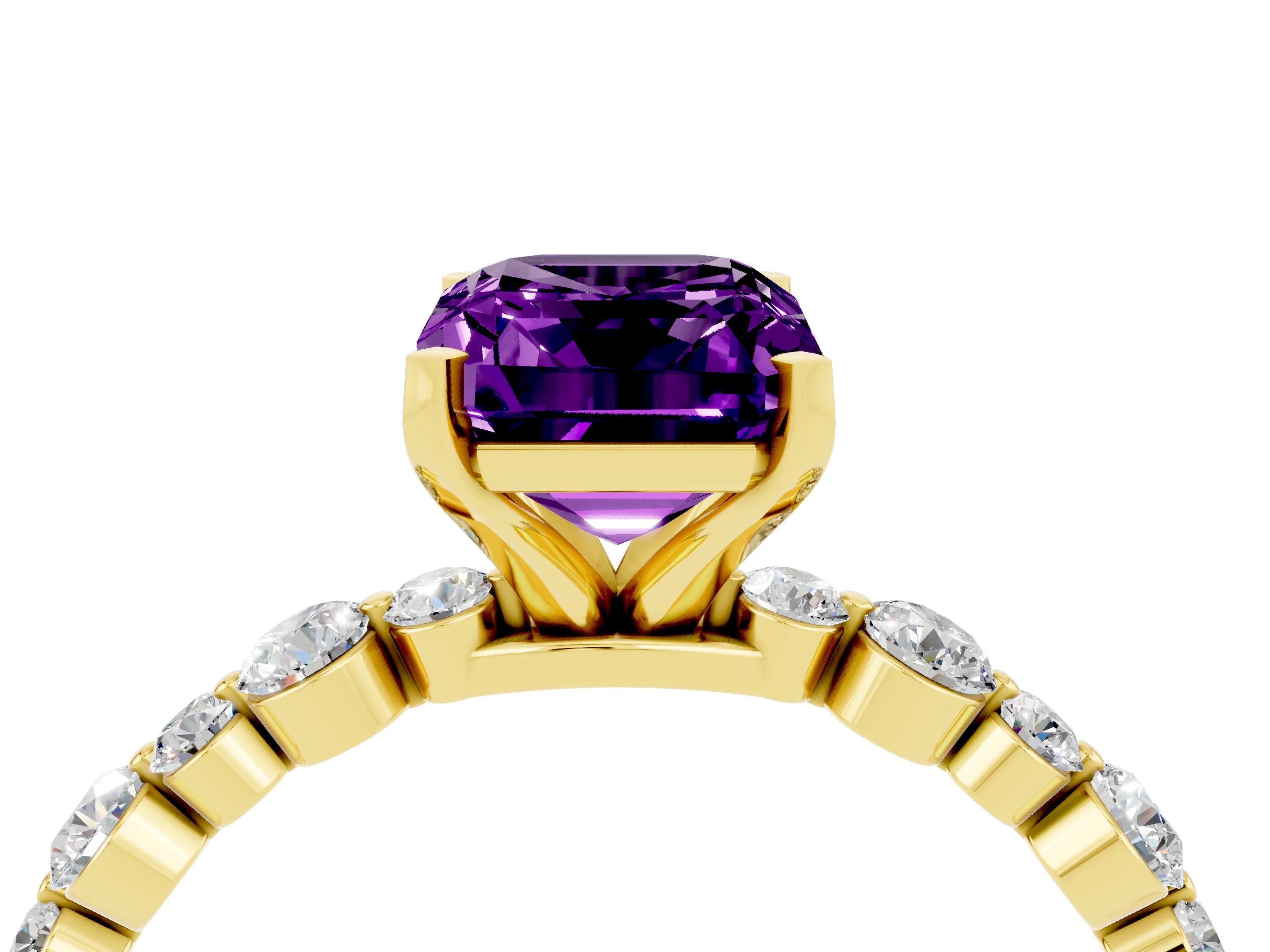 Yellow gold Emerald Cut Amethyst Prong Set Engagement Ring with Pavé Band_4