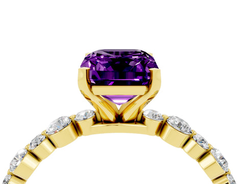 Yellow gold Emerald Cut Amethyst Prong Set Engagement Ring with Pavé Band_4