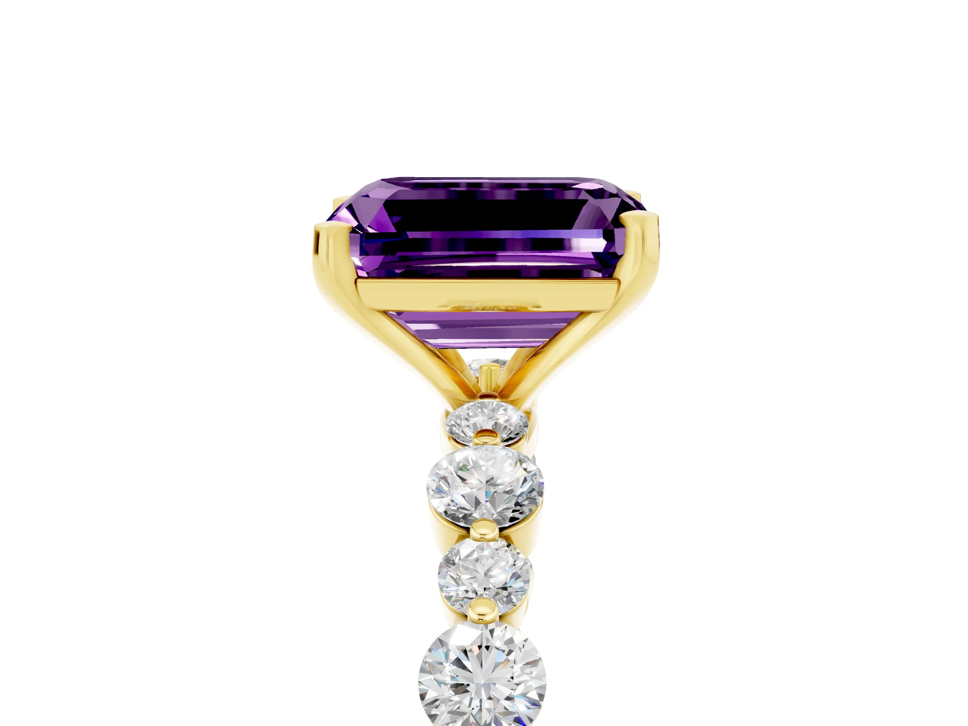 Yellow gold Emerald Cut Amethyst Prong Set Engagement Ring with Pavé Band_5