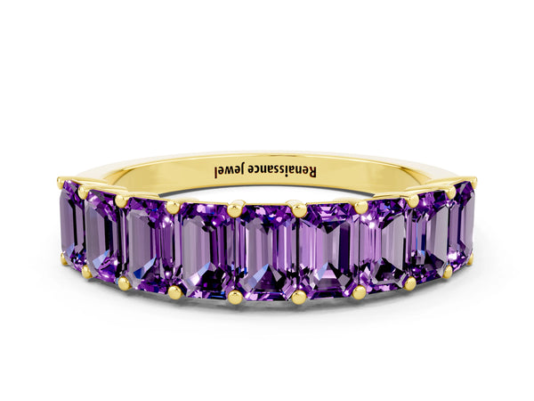 Yellow gold Emerald Cut Amethyst Prong-Set Eternity Band