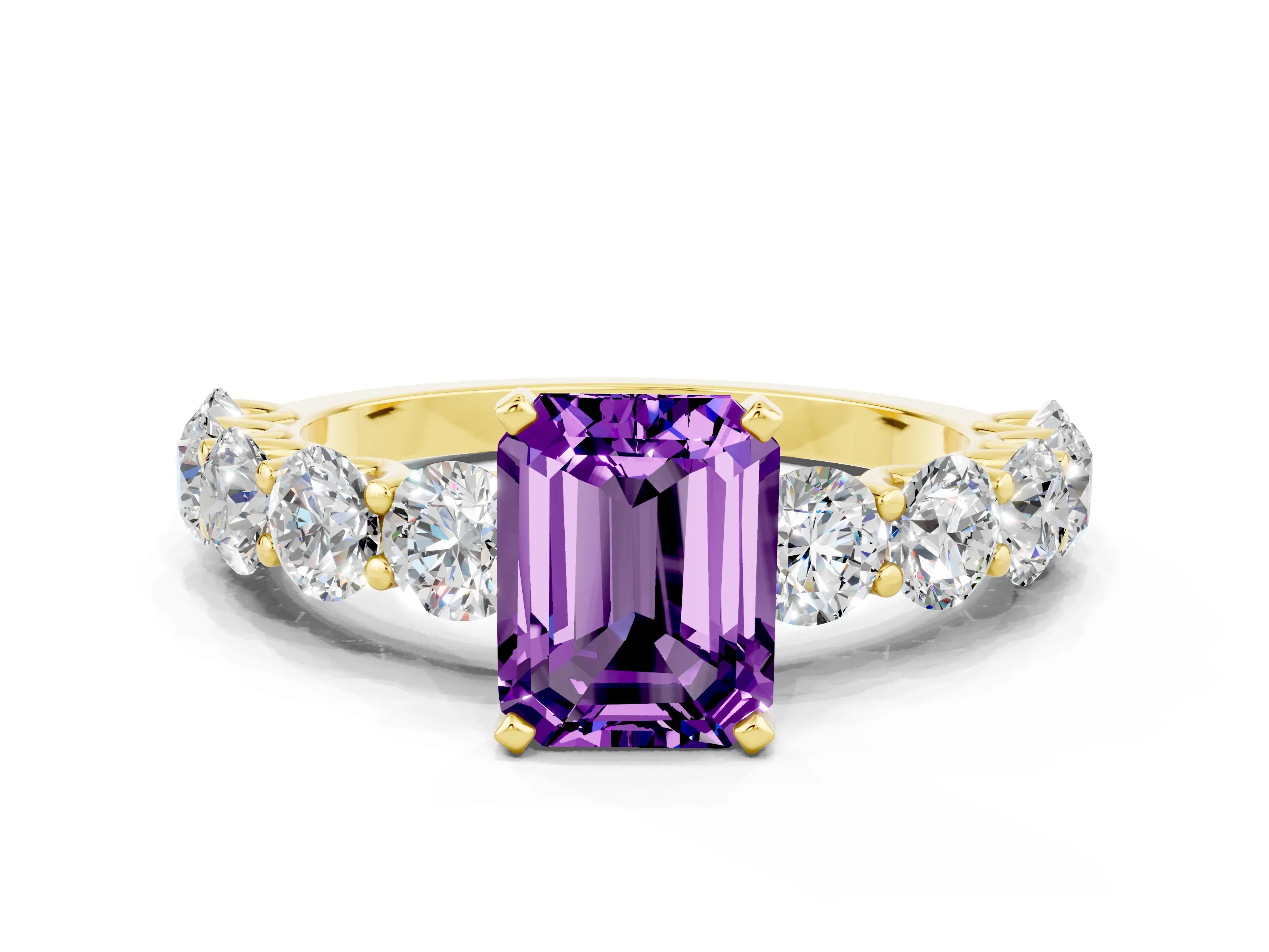 Yellow gold Emerald Cut Amethyst Prong Setting with Side Stones on a Pave Band
