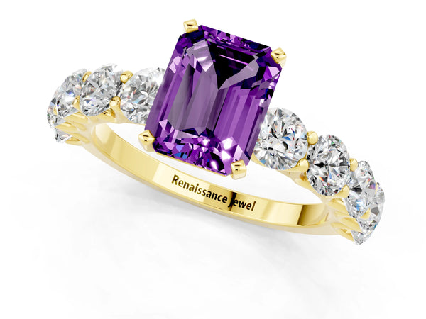 Yellow gold Emerald Cut Amethyst Prong Setting with Side Stones on a Pave Band