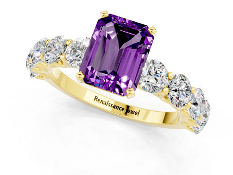 Yellow gold Emerald Cut Amethyst Prong Setting with Side Stones on a Pave Band_1