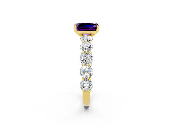 Yellow gold Emerald Cut Amethyst Prong Setting with Side Stones on a Pave Band