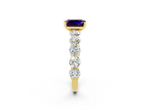 Yellow gold Emerald Cut Amethyst Prong Setting with Side Stones on a Pave Band_2