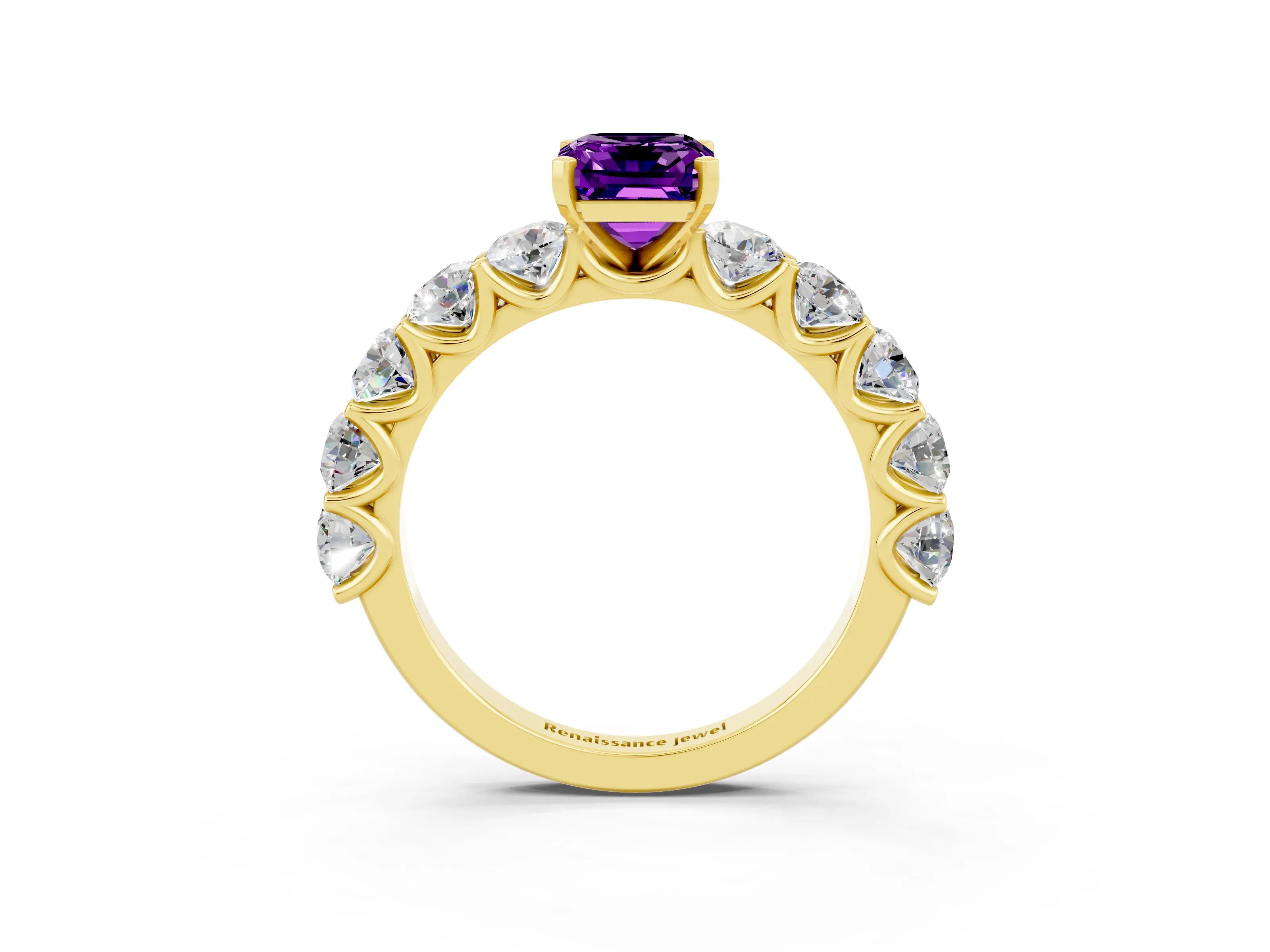 Yellow gold Emerald Cut Amethyst Prong Setting with Side Stones on a Pave Band_3