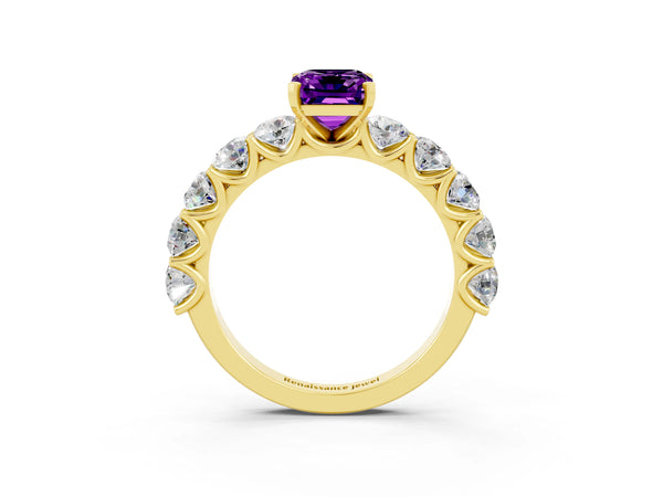 Yellow gold Emerald Cut Amethyst Prong Setting with Side Stones on a Pave Band