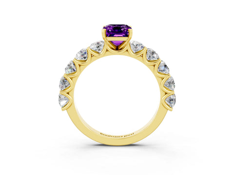 Yellow gold Emerald Cut Amethyst Prong Setting with Side Stones on a Pave Band_3