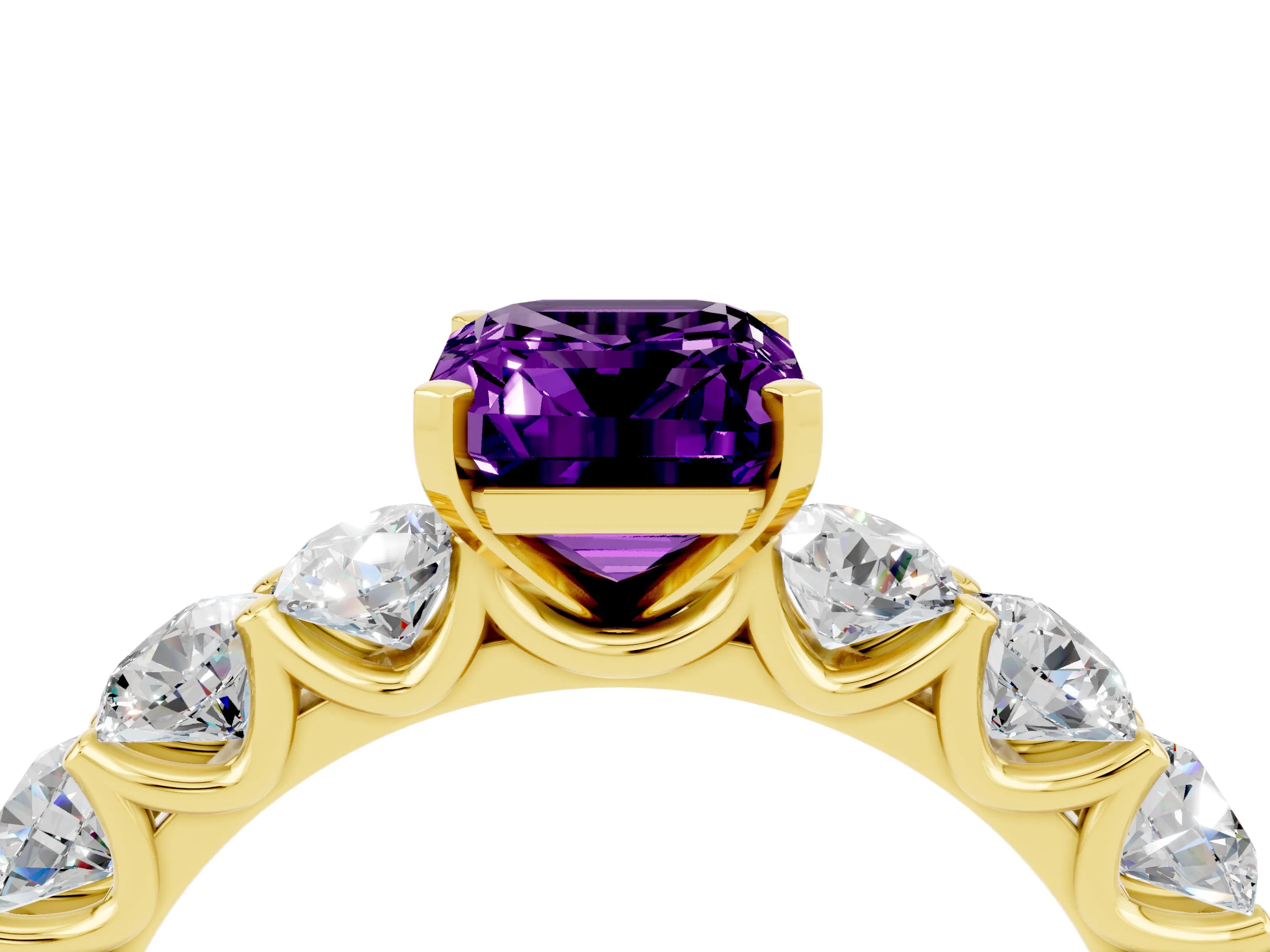 Yellow gold Emerald Cut Amethyst Prong Setting with Side Stones on a Pave Band_4