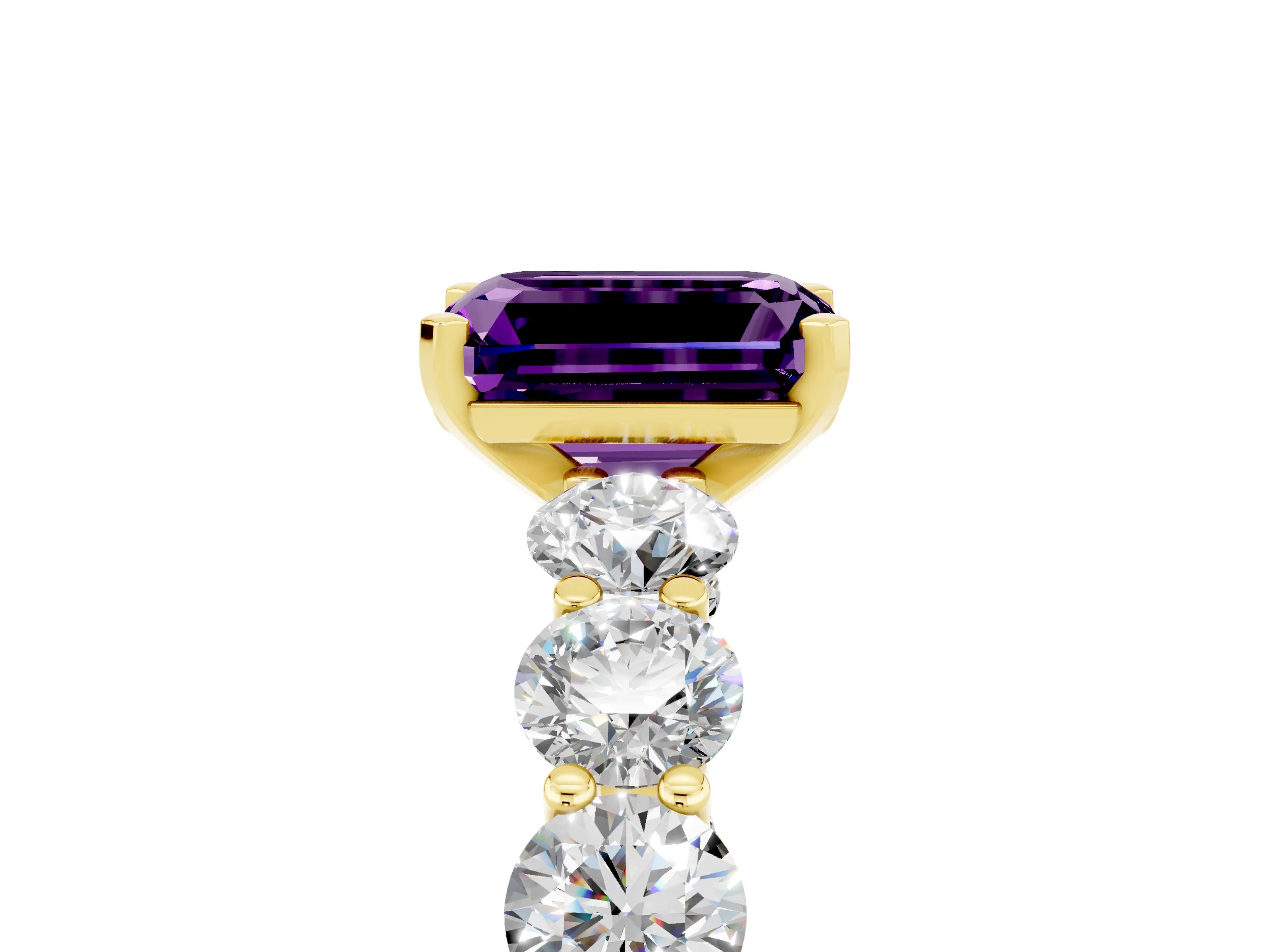 Yellow gold Emerald Cut Amethyst Prong Setting with Side Stones on a Pave Band_5