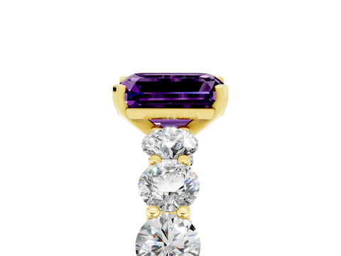 Yellow gold Emerald Cut Amethyst Prong Setting with Side Stones on a Pave Band_5