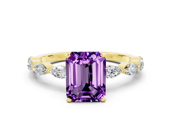 Yellow gold Emerald Cut Amethyst Ring with Marquise Side Stones and Prong Setting