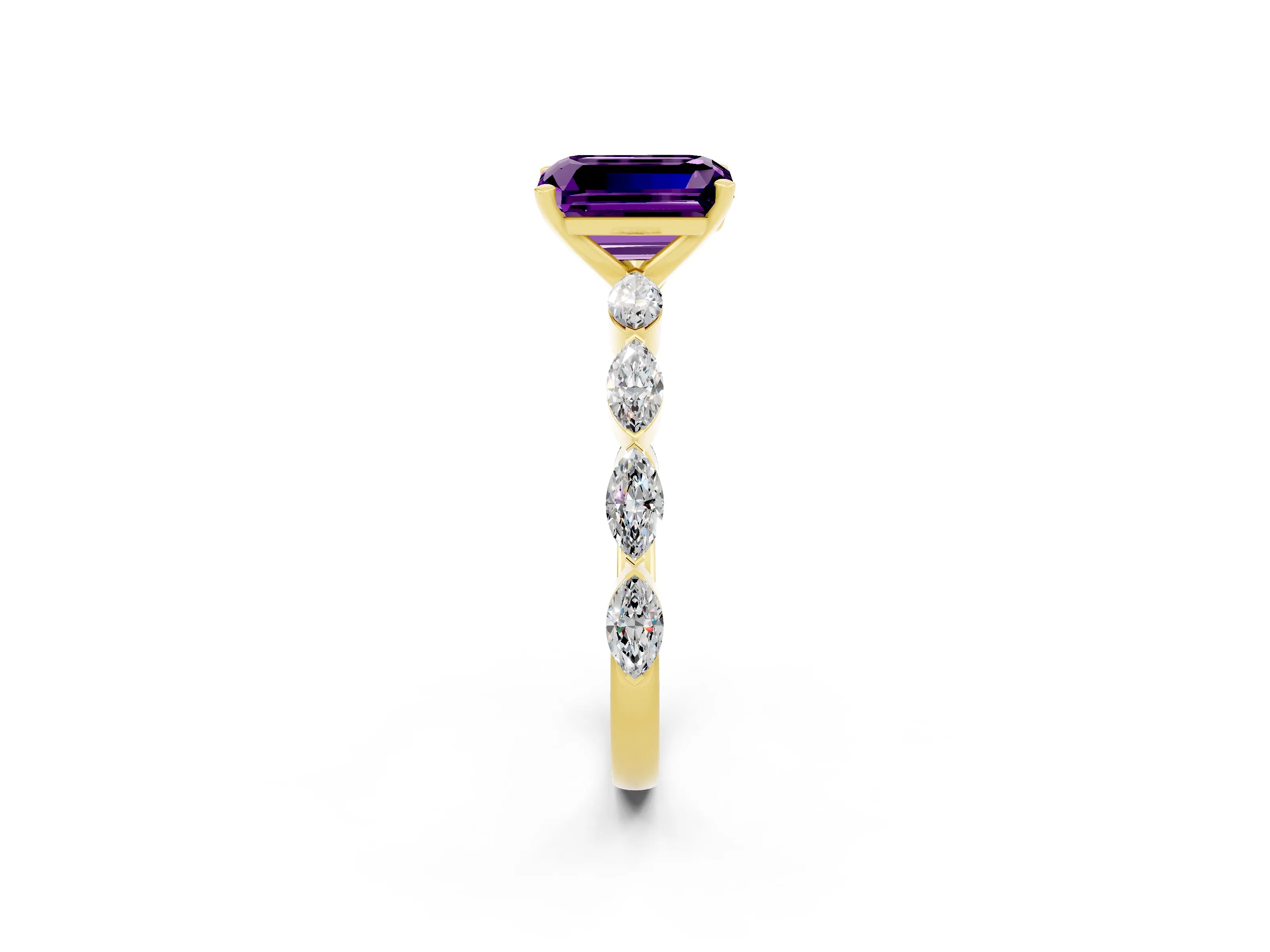 Yellow gold Emerald Cut Amethyst Ring with Marquise Side Stones and Prong Setting_2