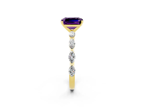 Yellow gold Emerald Cut Amethyst Ring with Marquise Side Stones and Prong Setting