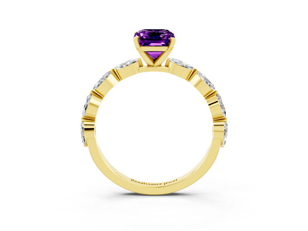 Yellow gold Emerald Cut Amethyst Ring with Marquise Side Stones and Prong Setting