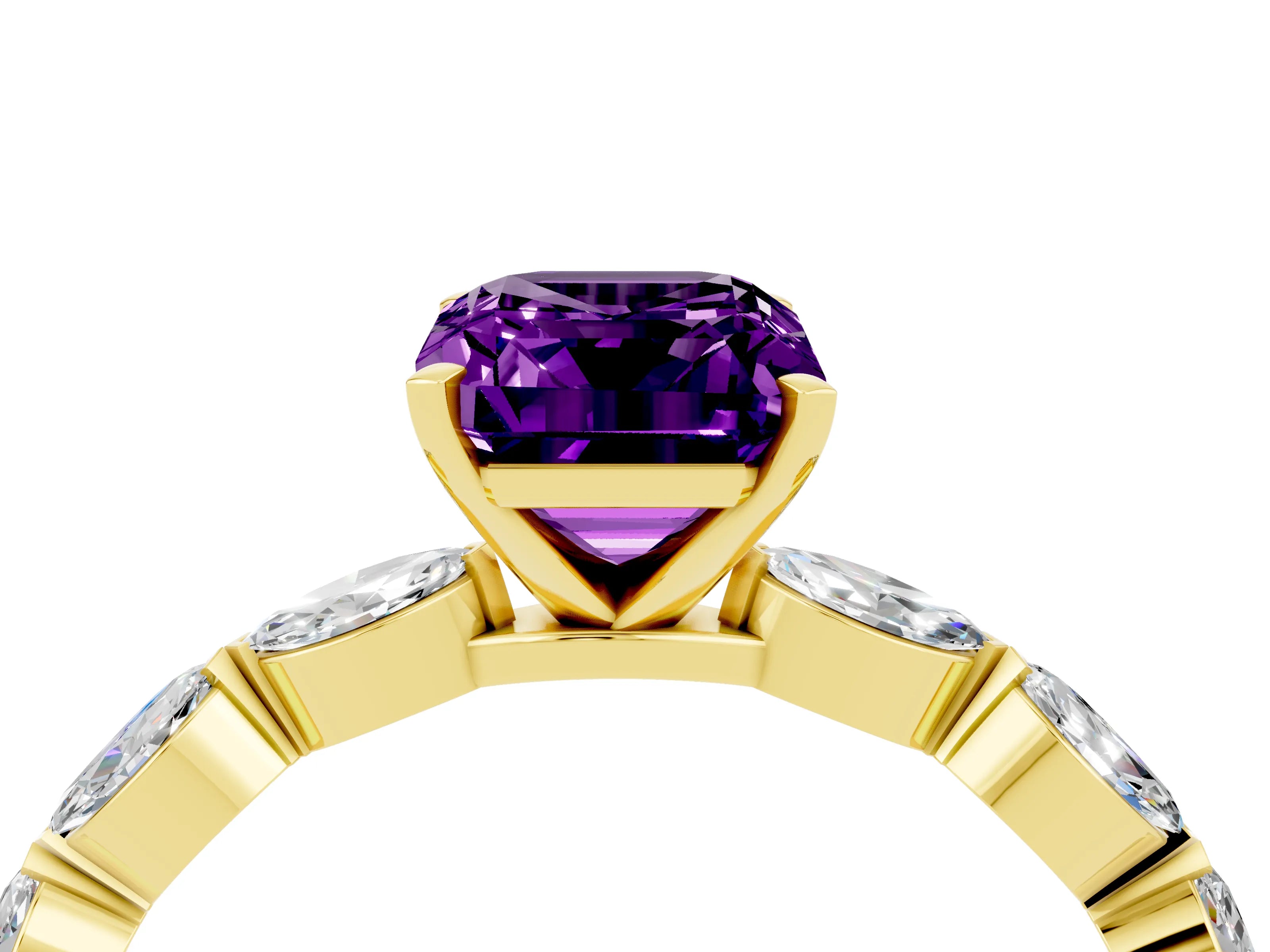 Yellow gold Emerald Cut Amethyst Ring with Marquise Side Stones and Prong Setting_4