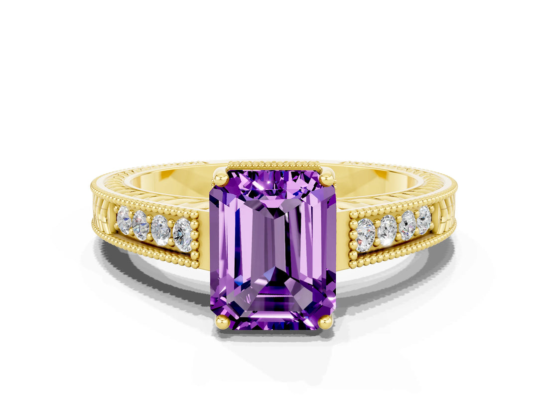 Yellow gold Emerald Cut Amethyst Ring with Milgrain Pavé Band and Four-Prong Setting_12
