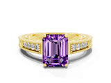 Yellow gold Emerald Cut Amethyst Ring with Milgrain Pavé Band and Four-Prong Setting_12