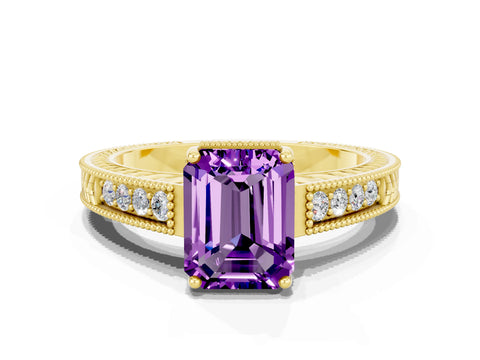 Yellow gold Emerald Cut Amethyst Ring with Milgrain Pavé Band and Four-Prong Setting_12