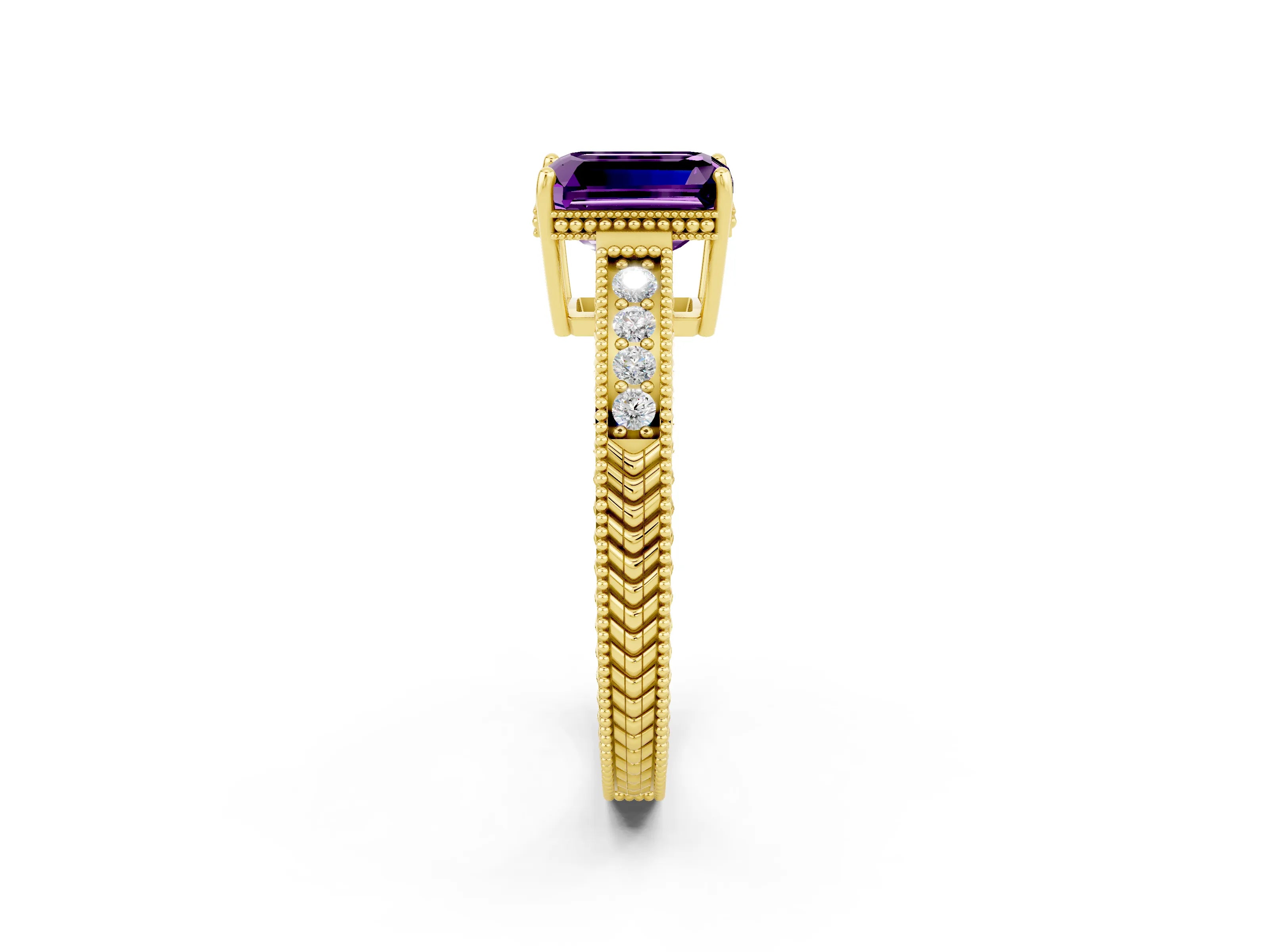 Yellow gold Emerald Cut Amethyst Ring with Milgrain Pavé Band and Four-Prong Setting_14
