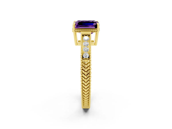 Yellow gold Emerald Cut Amethyst Ring with Milgrain Pavé Band and Four-Prong Setting