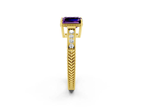 Yellow gold Emerald Cut Amethyst Ring with Milgrain Pavé Band and Four-Prong Setting_14