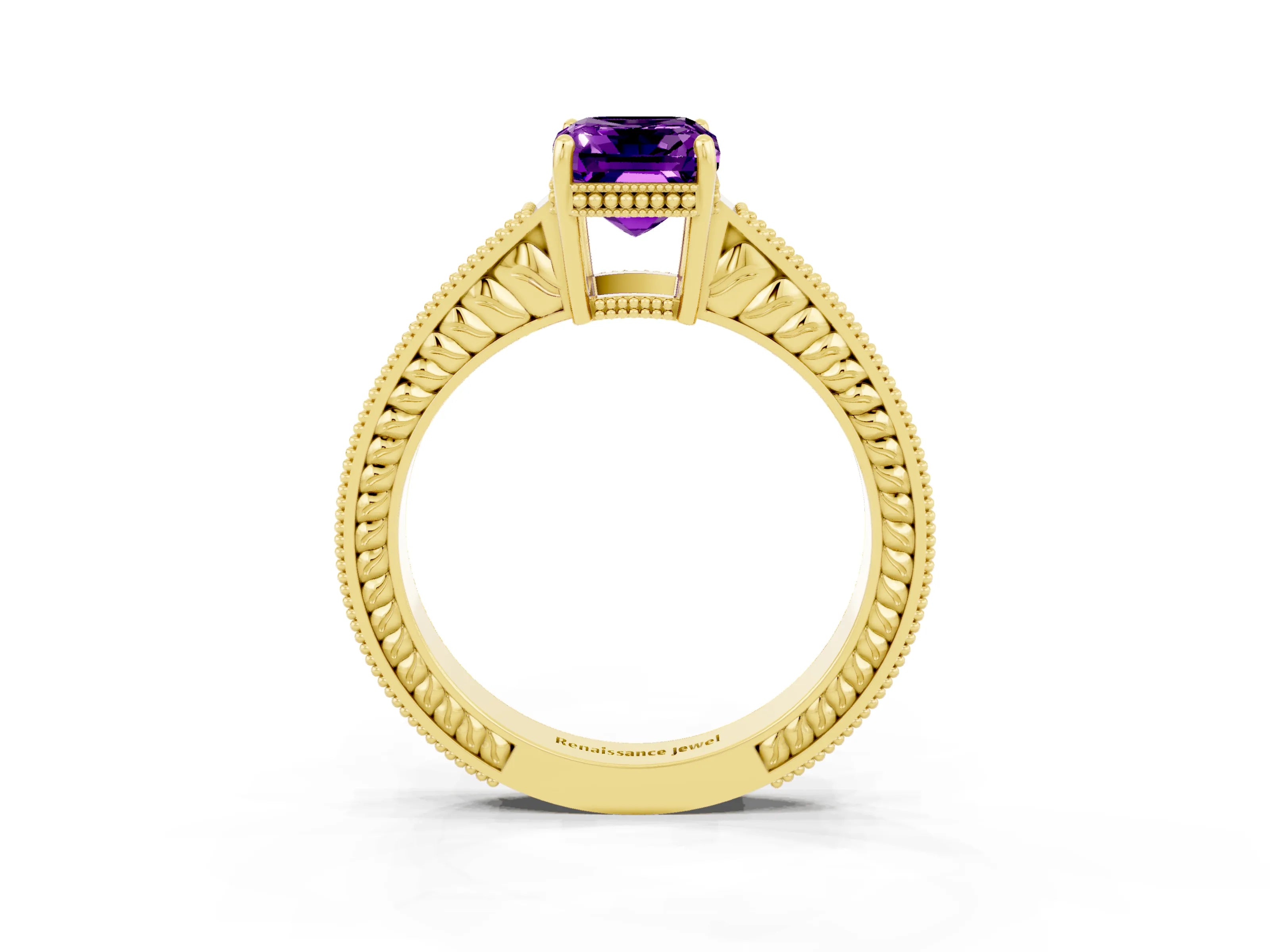 Yellow gold Emerald Cut Amethyst Ring with Milgrain Pavé Band and Four-Prong Setting_15